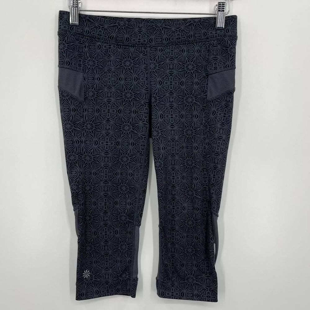 Athleta Leggings Women's Size S Gray Geometric Print 3/4 Length Cropped Yoga Gym